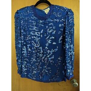 Oleg Cassini Vintage Silk Blue Sequin Beaded Top Shoulder Pads Size Medium